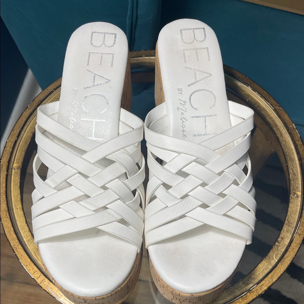 Beach by Matisse “Daydream” White Woven Cork Wedge Slide Sandals 11.